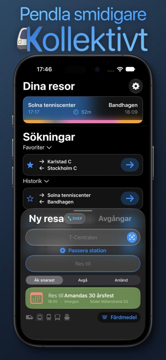 Startsidan med dina resor och sökningar